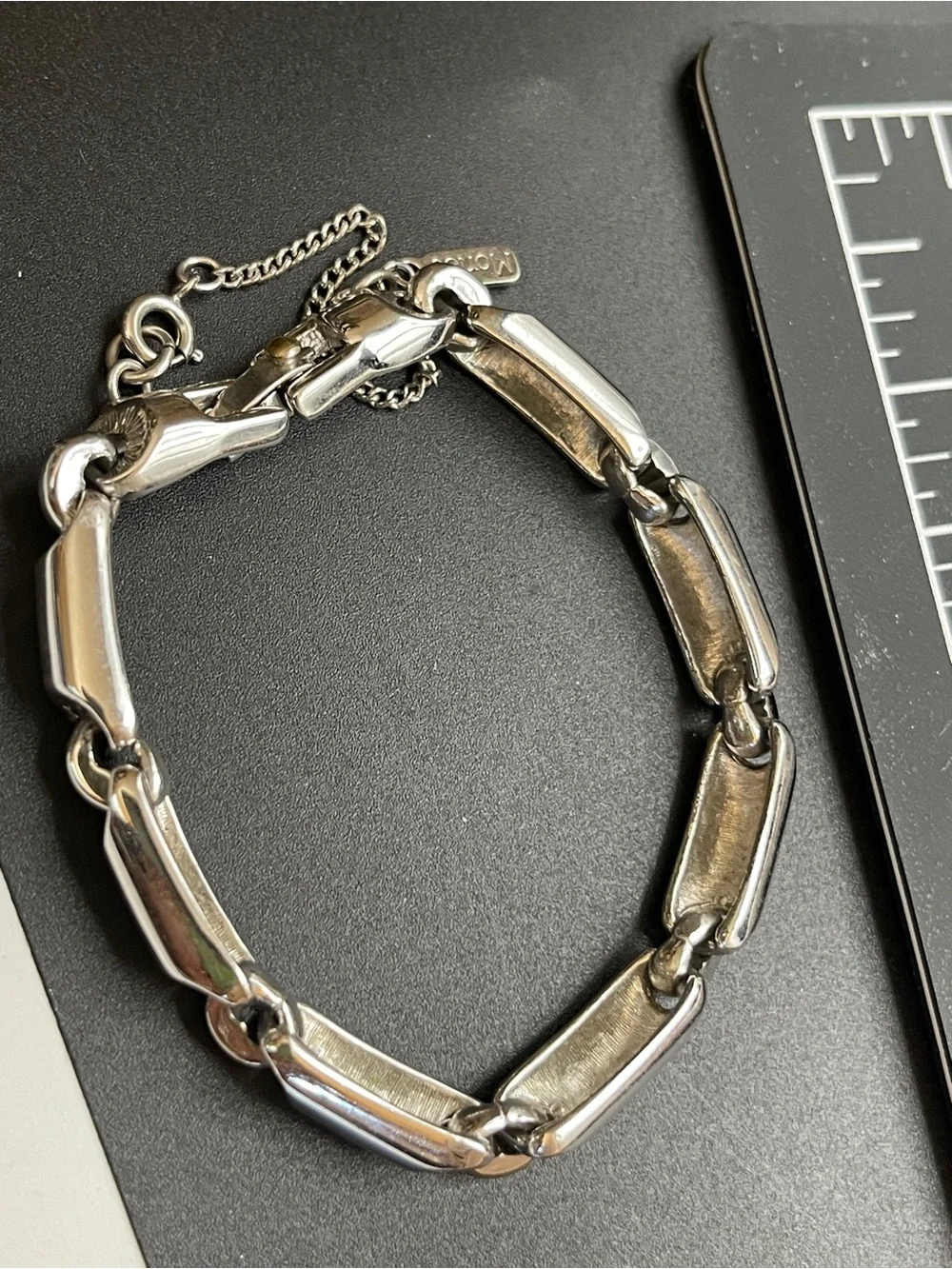 Monet Silver Tone Barrel Link Bracelet Fold Over Clasp Safety Chain Signed 7”